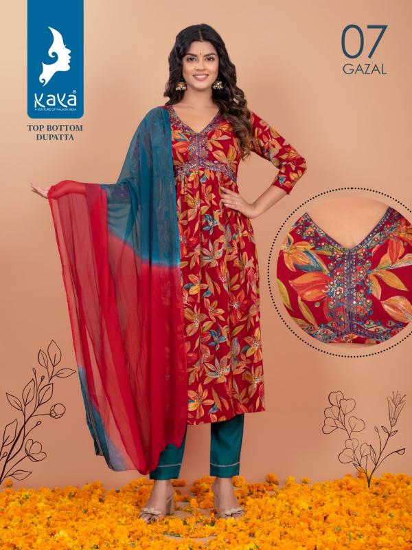 Kaya Gazal Rayon Foil Printed Naira Cut Kurti Pant With Dupatta